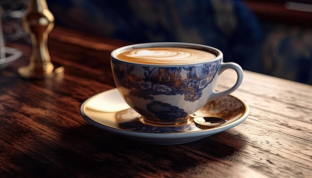 tazza di caffè con latte su superficie di legno