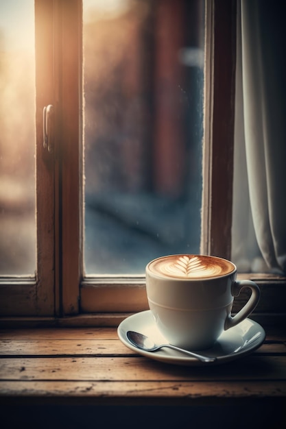 Tazza di caffè con motivo e cucchiaio sul davanzale in legno creato utilizzando la tecnologia generativa ai