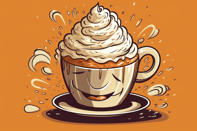 Tazza di caffè con panna montata in stile cartone animato AI generato