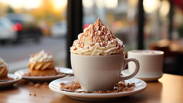 Tazza di caffè con panna montata sul tavolo sfocato