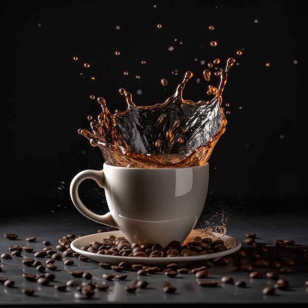 Tazza di caffè con spruzzi di caffè e chicchi di caffè in studio sfondo scuro