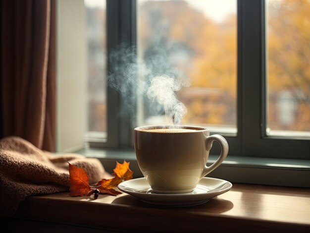 tazza di caffè con vapore sul davanzale vista dalla finestra autunno Atmosfera accogliente e familiare in colori pastello Questa foto è stata generata utilizzando Leonardo AI