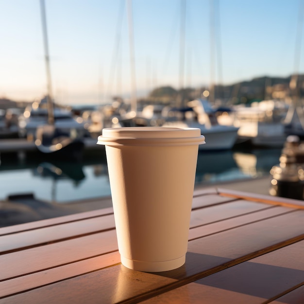 Tazza di caffè di carta con barche in lontananza al porto con cielo