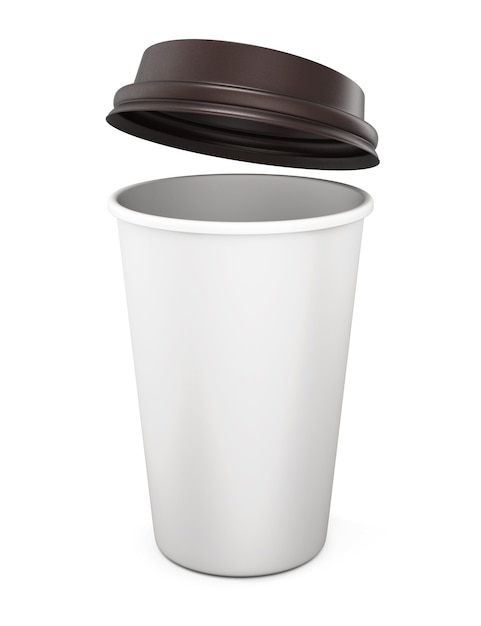 Tazza di caffè di plastica con un coperchio aperto su un bianco. Rendering 3D.