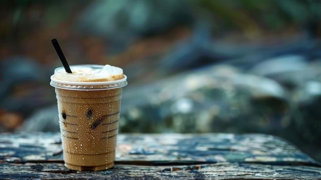 tazza di caffè di plastica fredda caffè ghiacciato in una tazza di plastica su uno sfondo di legno