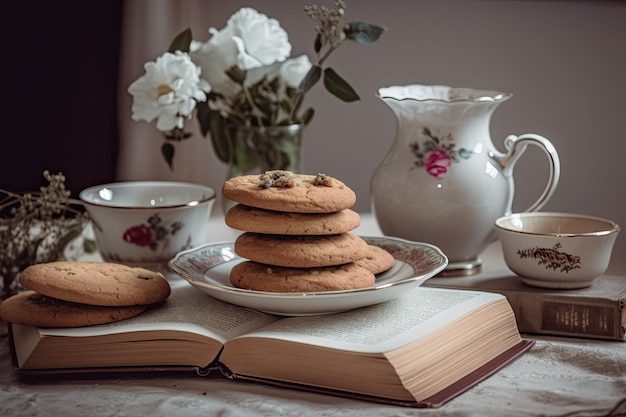 Tazza di caffè e biscotti sono sul tavolo nella stanza