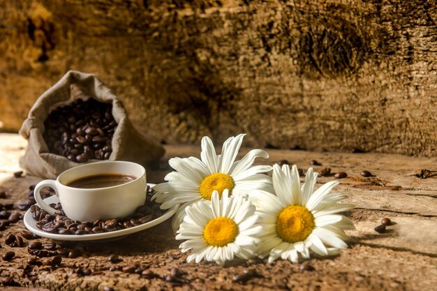 Tazza di caffè e chicchi di caffè fritti su una tavola di legno con i bei fiori bianchi su un fondo di legno