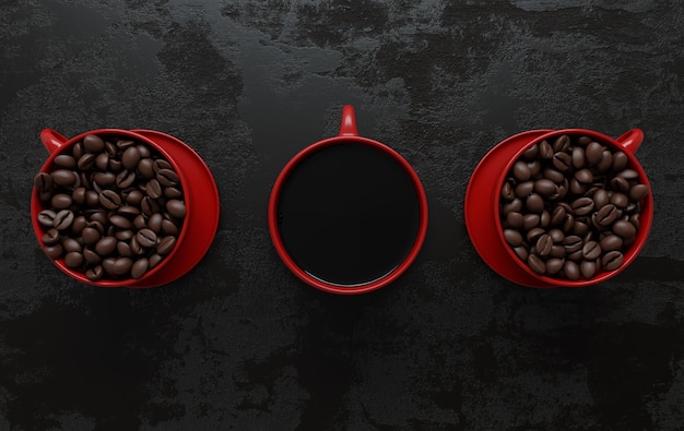 Tazza di caffè e chicchi di caffè realistici rendering piatti laici