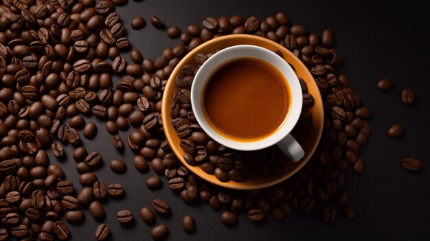 Tazza di caffè e chicchi di caffè su sfondo nero oro