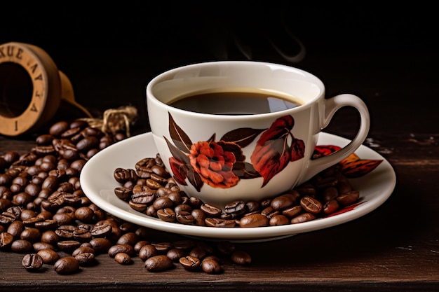 Tazza di caffè e chicchi di caffè su un tavolo di legno e sfondo di sacco Tonalità di colore vintage