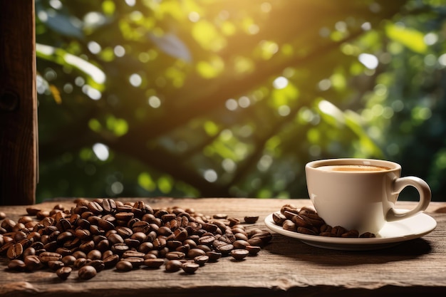 Tazza di caffè e chicchi di caffè sulla tavola di legno con il fondo della natura