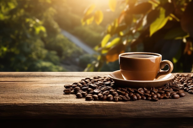 Tazza di caffè e chicchi di caffè sulla tavola di legno con il fondo della natura