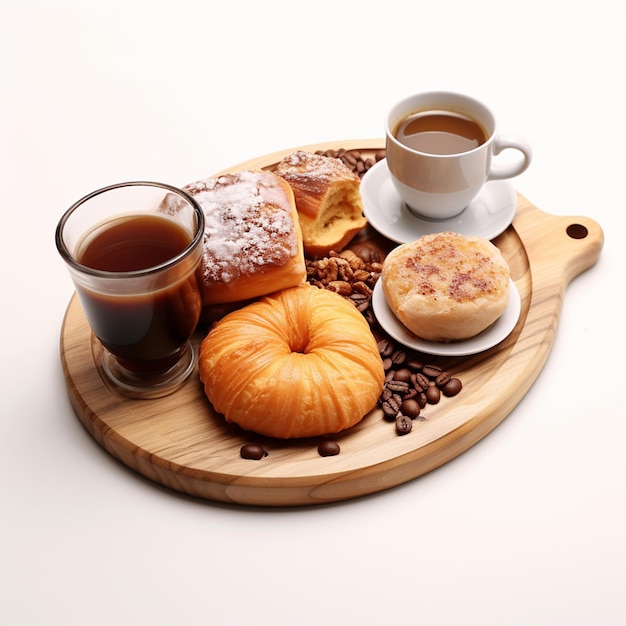 Tazza di caffè e cornetti per la colazione al bar su piatto di legno