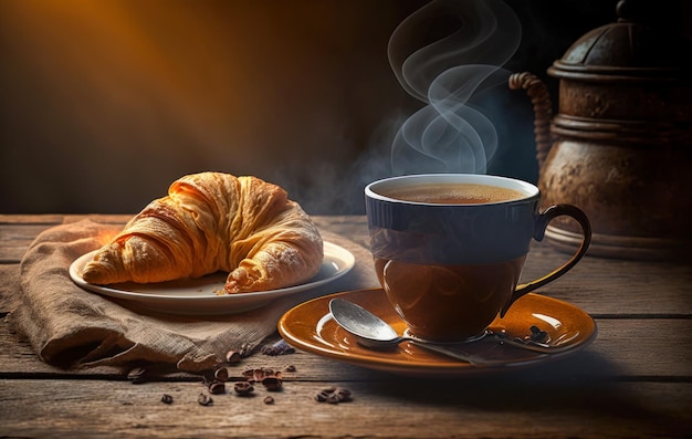 Tazza di caffè e croissant sulla tavola di legno IA generativa