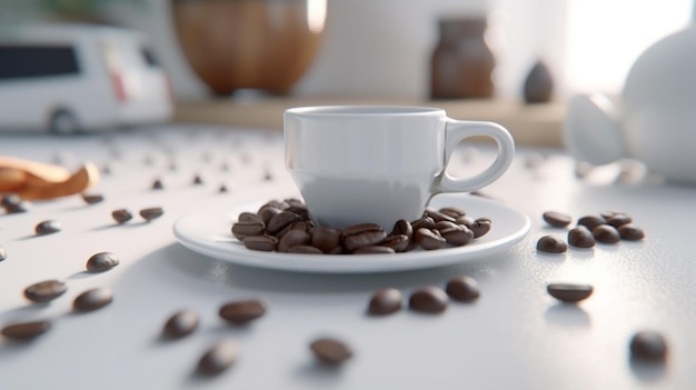 Tazza di caffè e fagioli sul vecchio tavolo da cucina Vista dall'alto con copyspace per il testo