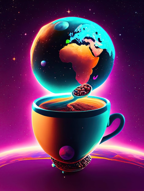 tazza di caffè e figura del mondo astratto in stile neon