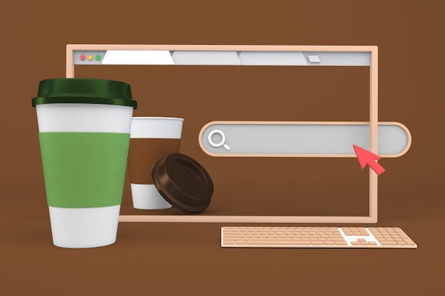 Tazza di caffè e icone del sito Web sul lato anteriore in sfondo marrone