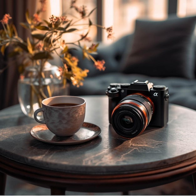 Tazza di caffè e macchina fotografica d'epoca sul tavolo nella caffetteria