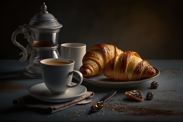 Tazza di caffè fresco con croissant su sfondo scuro