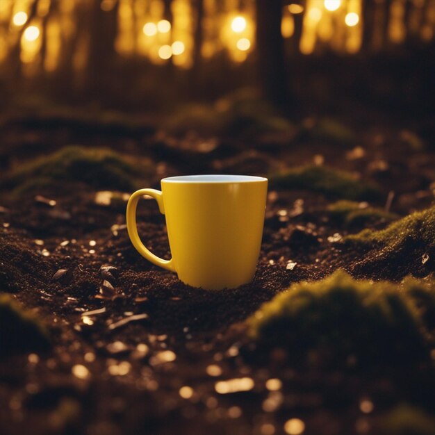 Tazza di caffè gialla con luci gialle generata