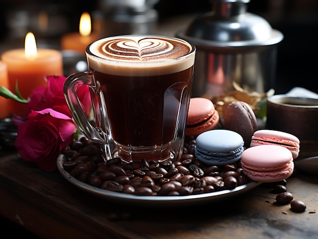 Tazza di caffè latte a forma di cuore Chicchi di caffè su fondo in legno vecchio Ia generativa