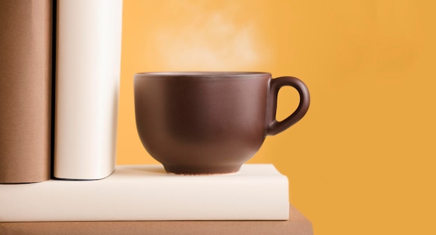 tazza di caffè o tè marrone fumante caldo sullo scaffale con libri e sfondo giallo arancio