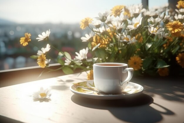 Tazza di caffè su sfondo di fiori naturali