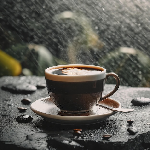 Tazza di caffè su superficie nera pietra con pioggia sullo sfondo Ai Generato