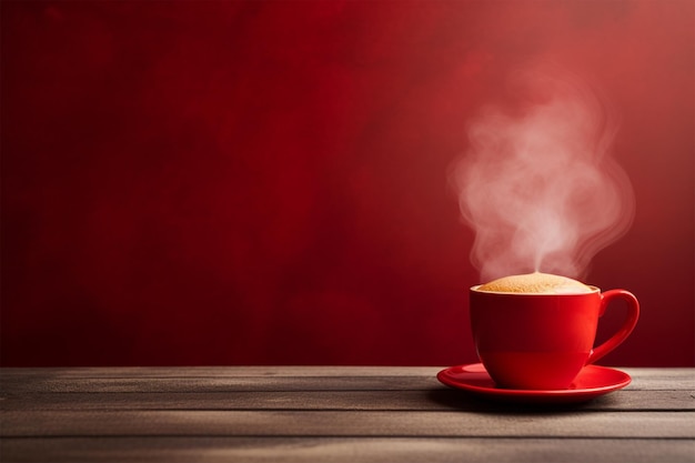 tazza di caffè su un tavolo di legno con parete di crema