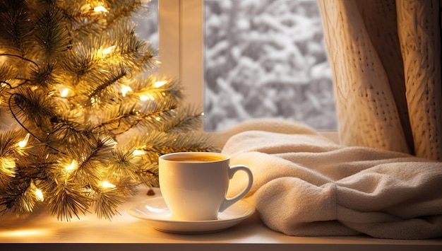 Tazza di caffè sul davanzale della finestra e sull'albero di Natale