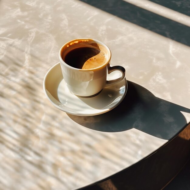 Tazza di caffè sul tavolo bianco alla luce del sole IA generativa