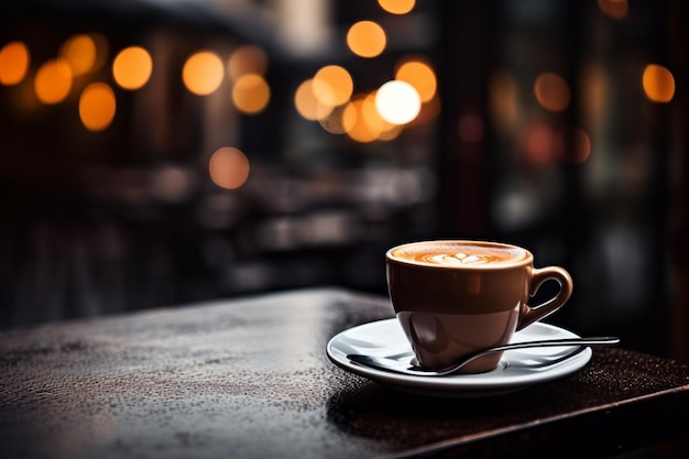 tazza di caffè sul tavolo caffè moderno sfondo sfocato