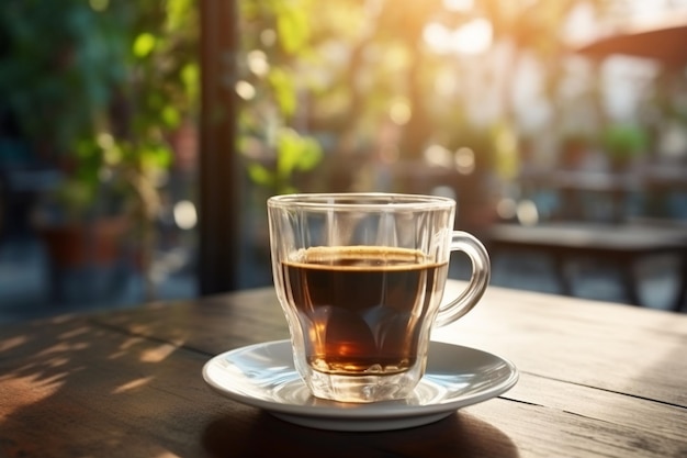 tazza di caffè sul tavolo caffè moderno sfondo sfocato