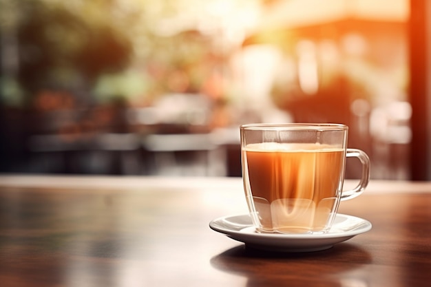 tazza di caffè sul tavolo caffè moderno sfondo sfocato