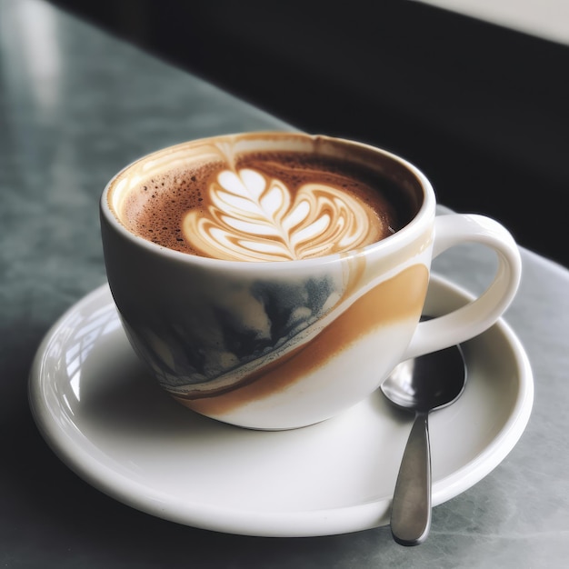 Tazza di caffè sul tavolo con uno sfondo di ristorante e belle luci