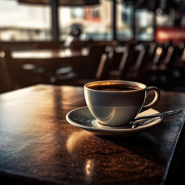 Tazza di caffè sul tavolo con uno sfondo di ristorante e belle luci