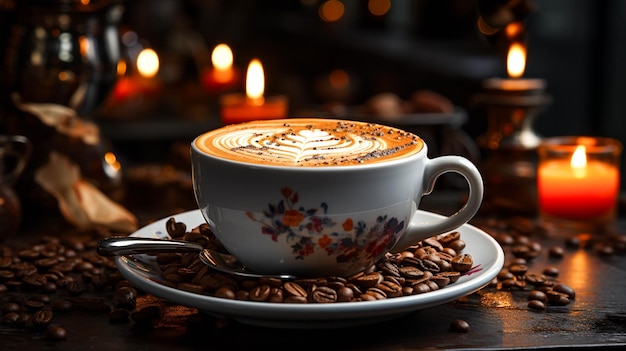 Tazza di caffè sul tavolo da vicino su sfondo scuro