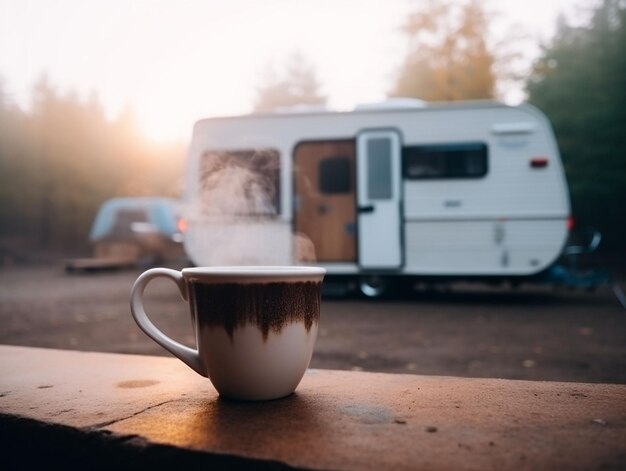 Tazza di caffè sul tavolo del camper