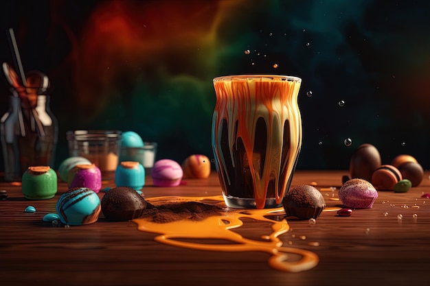 Tazza di caffè sul tavolo dolci colorati sullo sfondo con luce sfumata sfocata