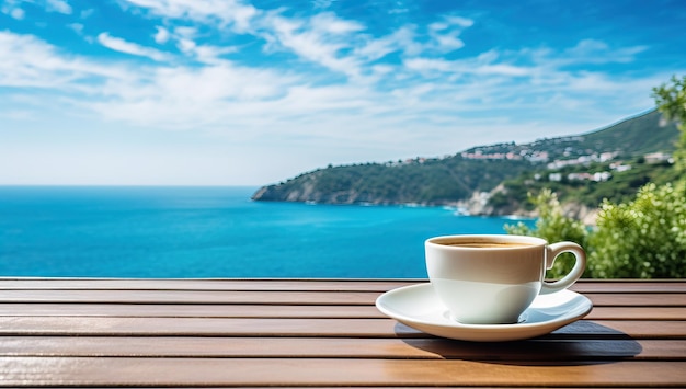Tazza di caffè sulla tavola di legno con vista sul mare sullo sfondo