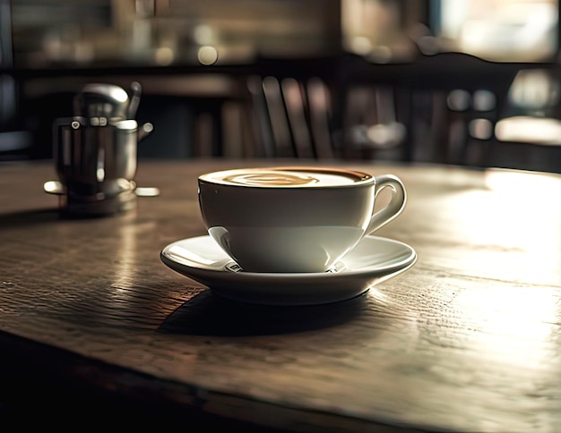 Tazza di caffè sulla tavola di legno in caffetteria