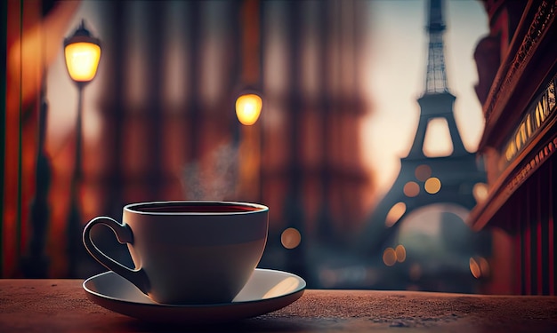 Tazza di caffè sullo sfondo della strada accogliente di Parigi e della Torre Eiffel Cartolina romantica AI generativa