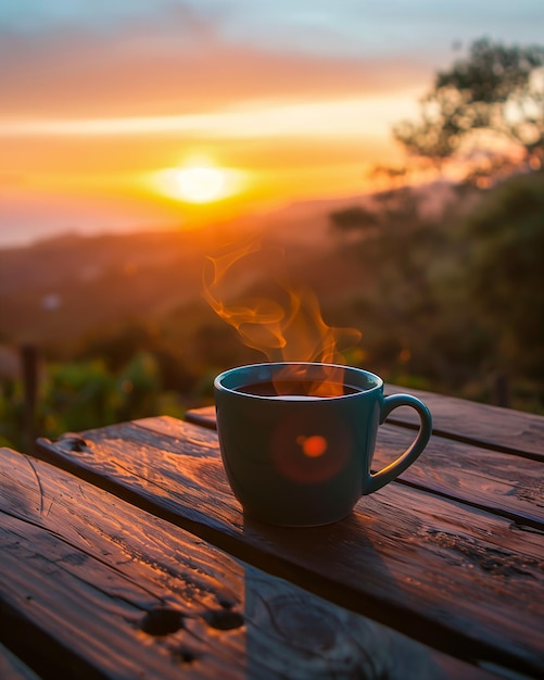 tazza di caffè tavolo di legno tramonto sfondo cielo limpido in cima alla collina all'alba l'alba il sole beve tè