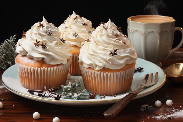 Tazza di caffè tre cupcakes con panna e decorazioni natalizie piccole stelle su uno sfondo scuro