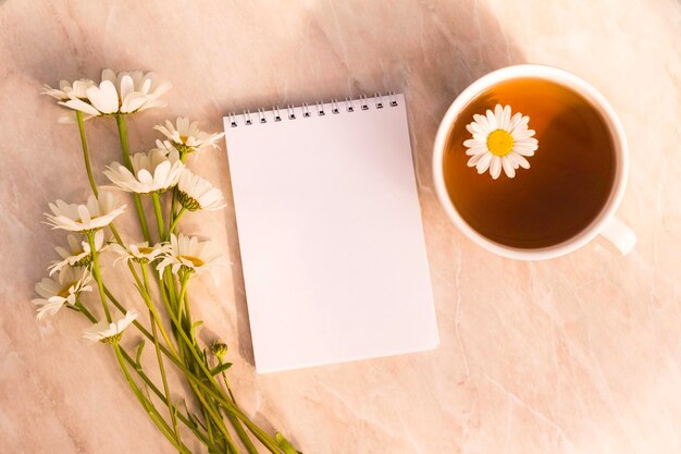 Tazza di camomilla con fiori di camomilla Tazza da mangiare sana