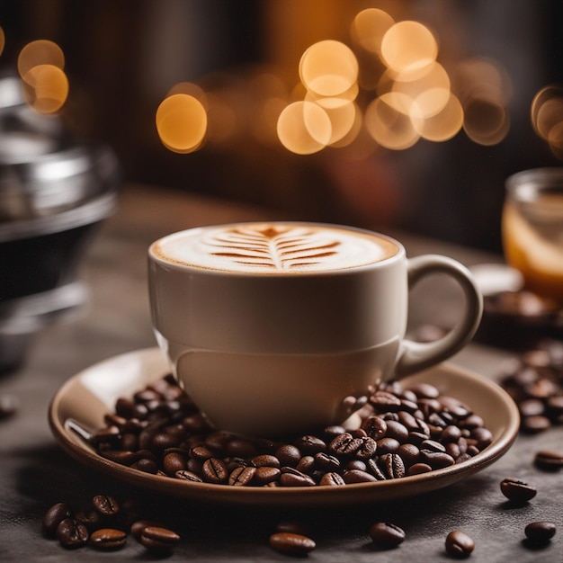 Tazza di cappuccino con chicchi di caffè tostati sul tavolo all'interno della caffetteria