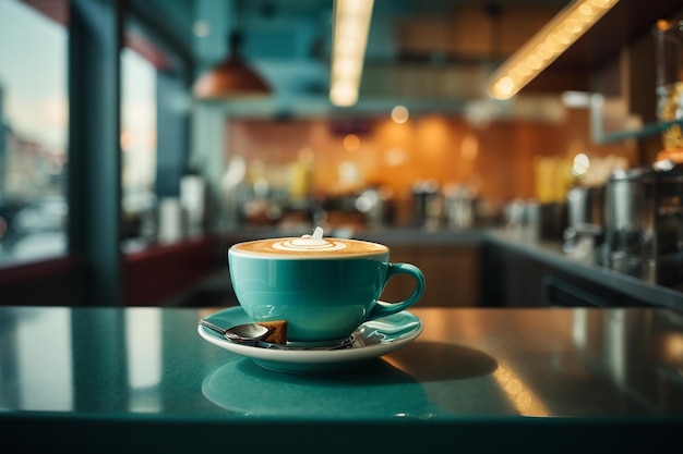 Tazza di cappuccino sul bancone di vetro