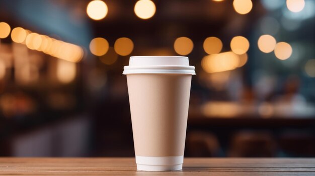 Tazza di carta di caffè su un tavolo di legno in una caffetteria Spazio per testo e design