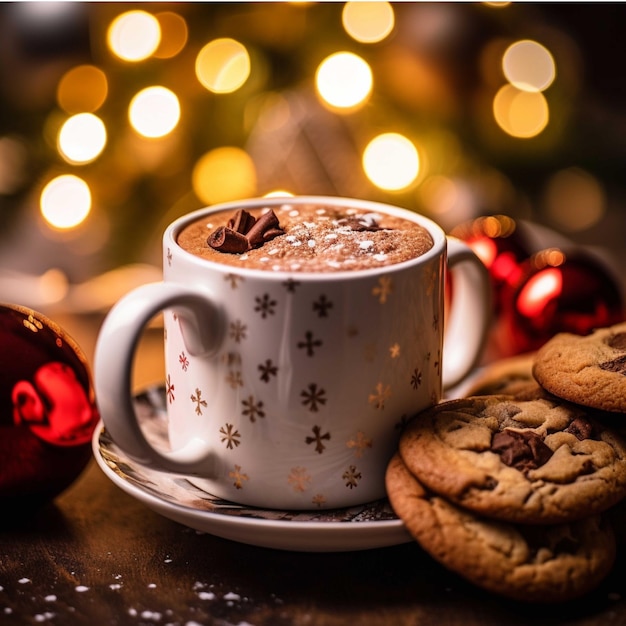 Tazza di cioccolata calda con biscotti e albero di Natale sullo sfondo