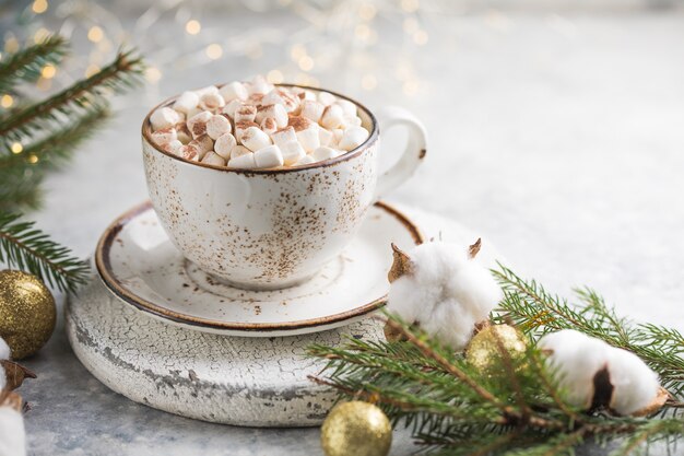 Tazza di cioccolata calda con caramelle marshmallow. Bevanda invernale. Concetto di vacanza, messa a fuoco selettiva